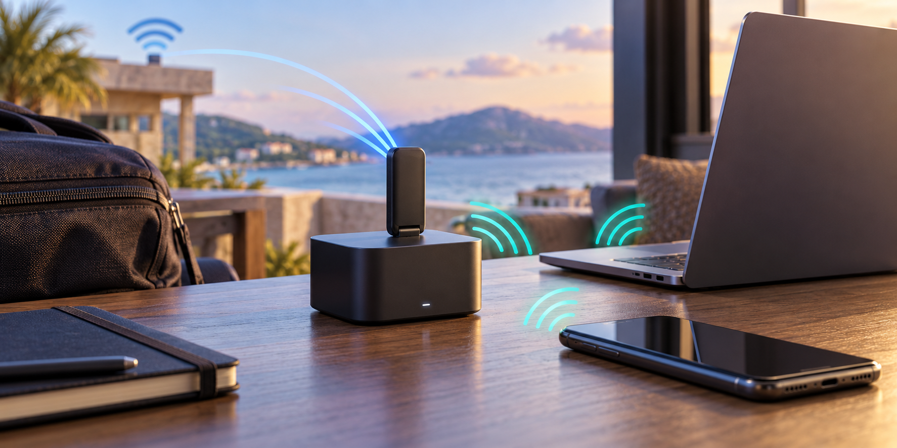 Illustration of a compact travel router sharing an upstream Wi-Fi connection with a laptop and phone
