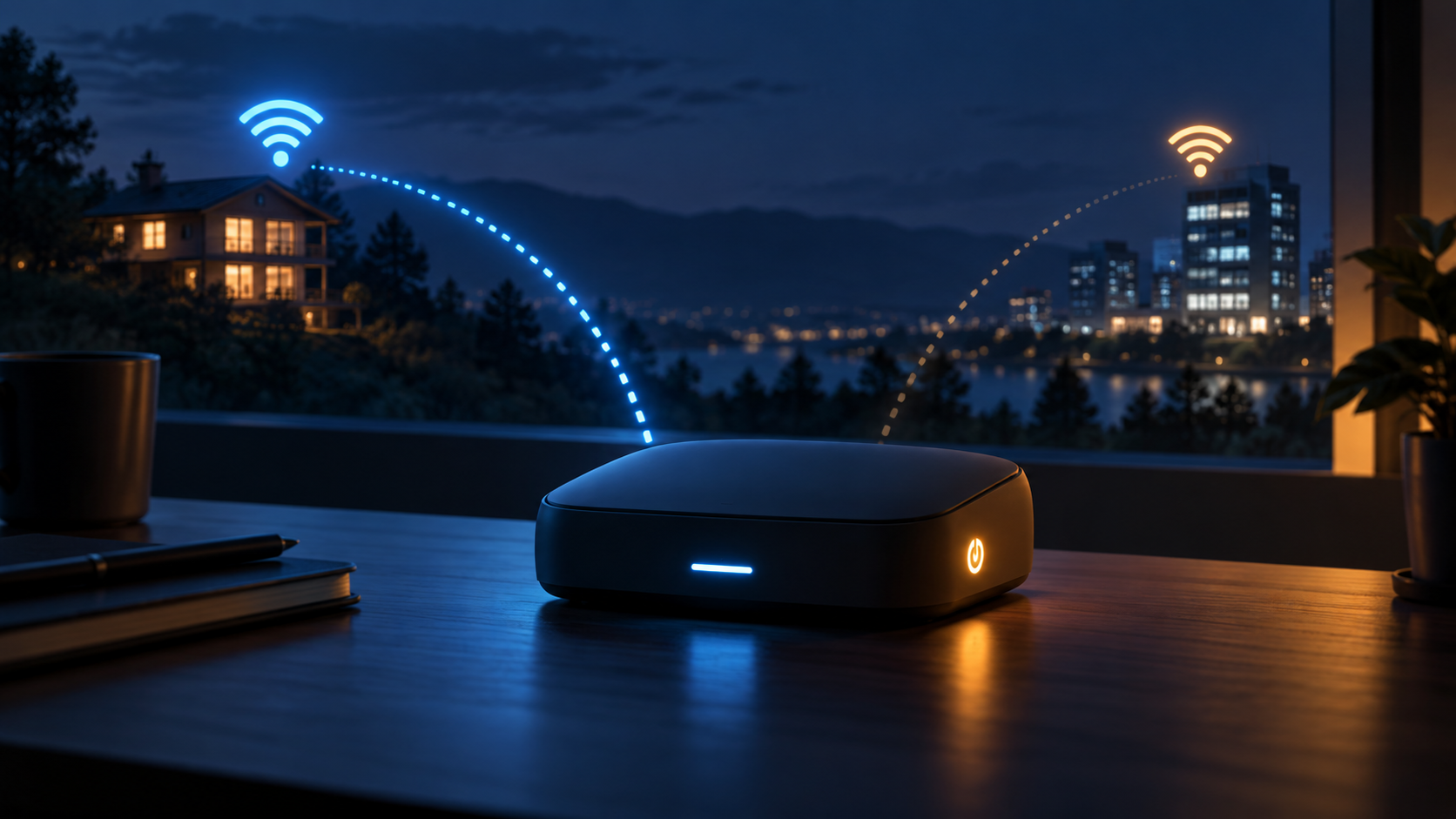 Illustration of a router connected to home Wi-Fi with a second saved network in view and an idle power symbol