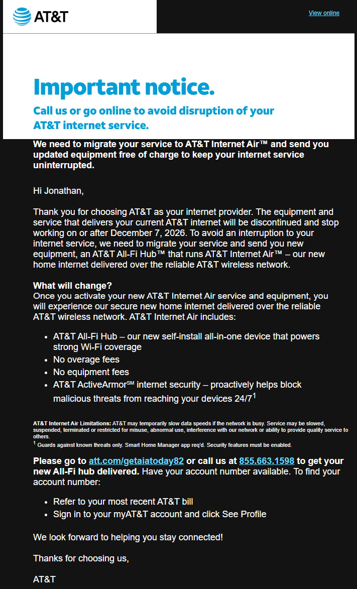 AT&T email stating current internet service will stop working on or after December 7, 2026, and directing me to Internet Air.